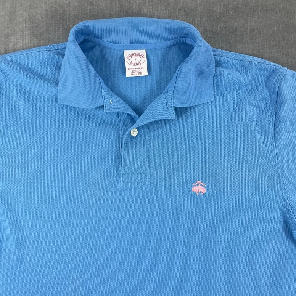 Brooks Brothers Men Small Blue Polo Shirt Performance Original Fit Pink Logo